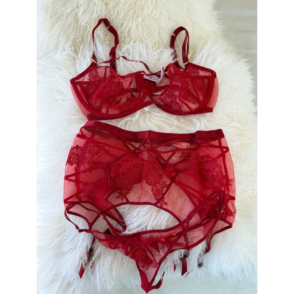 Agent Provocateur Demelza Red Lace 3 Piece Lingerie Set 36DD AP 4 5 NWOT